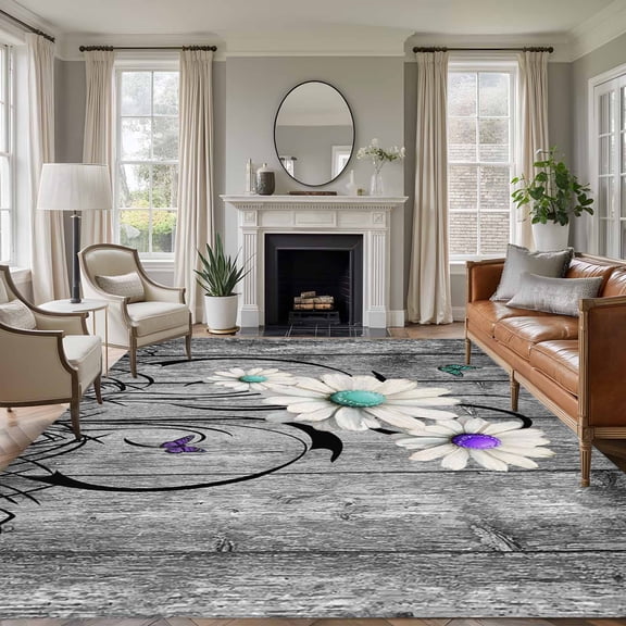 Vintage Daisy 6'x9' Area Rug for Living Room, Gray Farmhouse Botanical Floral Butterfly Non-Slip Floor Mat Rugs for Bedroom Dining Room, Indoor Large Carpet for Classroom, Nursery Rugs for Playroom