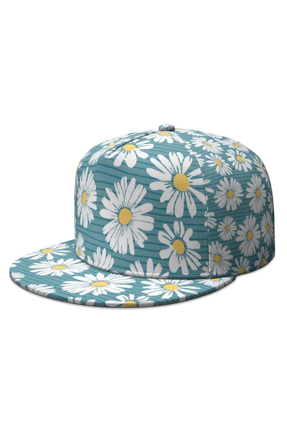 Vintage Daisy Baseball Cap – White Floral Flat Brim Hat, Retro Style Adjustable for Daily Wear