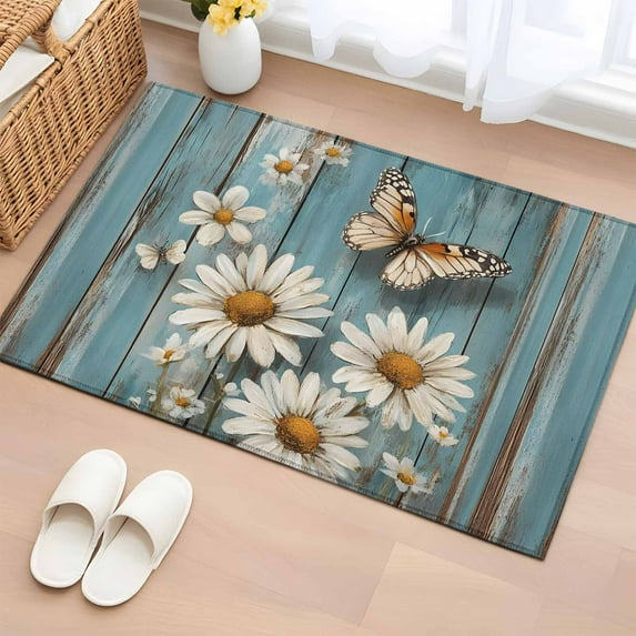 Vintage Daisy Bathroom Rug Washable 2x3 Entryway Rug Non Slip Pastoral Floral Butterfly Wooden Front Door Mat Low Pile Indoor Doormat Throw Floor Carpet for Kitchen Bedroom Entrance
