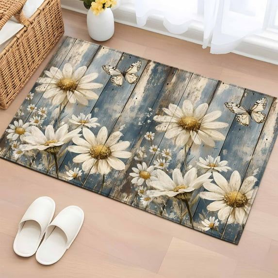 Vintage Daisy Bathroom Rug Washable 2x3 Entryway Rug Non Slip Vintage Farmhouse Butterfly Wooden Front Door Mat Low Pile Indoor Doormat Throw Floor Carpet for Kitchen Bedroom Entrance