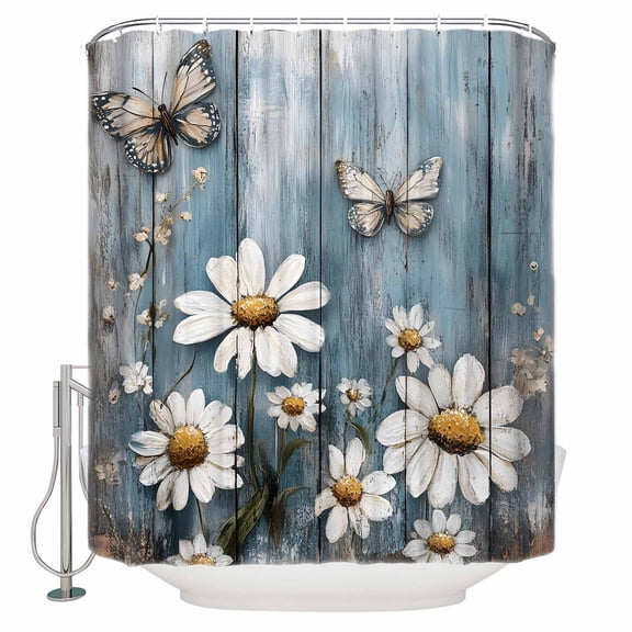 Vintage Daisy Bathroom Shower Curtains with 12 Hooks Polyester Waterproof Shower Curtain for Stalls and Bathtubs Farmhouse Flower Butterfly Wooden Decorative Bathroom Privacy Curtain 36x72 Inches
