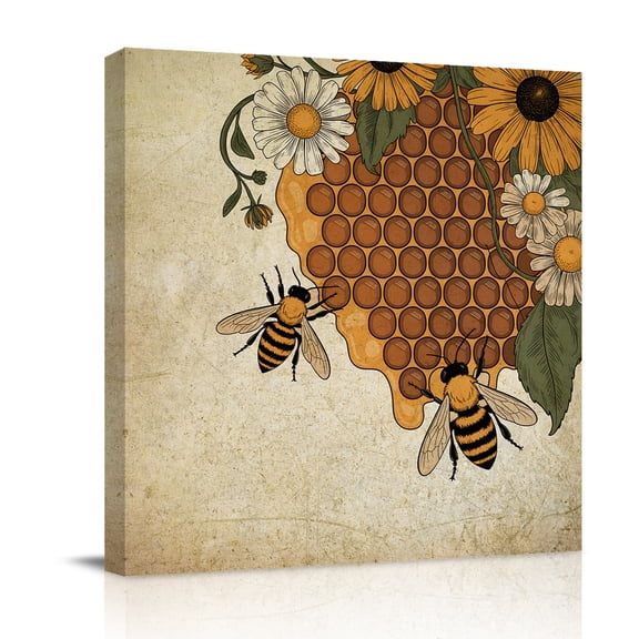 Vintage Daisy Bees Canvas Wall Art for Living Room, Yellow Sunflower Honey Green Leaf Poster Print Painting for Bedroom Office Home Decoration Wall Pictures Prepare To Hang 8"x8"