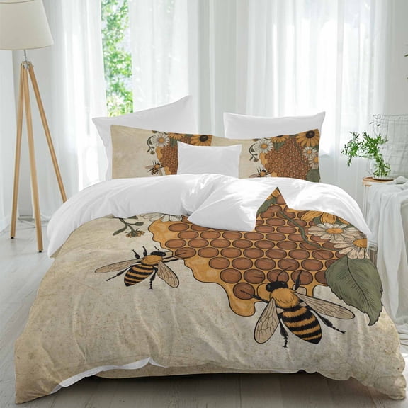 Vintage Daisy Bees Full Size Comforter Set, Yellow Sunflower Honey Green Leaf Bedding for All Seasons, 4 Pcs Bed Set, 1Quiltcover (86"x86") ,1Sheet(80"x116"), 2Pillowcases (30"x20")