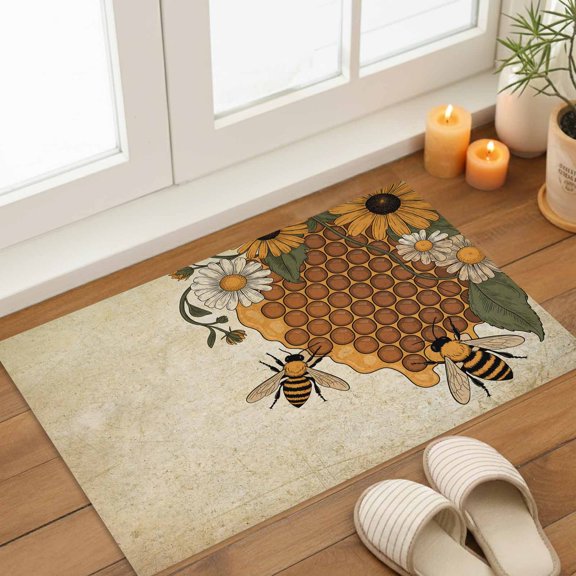 Vintage Daisy Bees Indoor Door Mat 16x24 Inch Yellow Sunflower Honey Green Leaf Front Door Mat Non Slip Washable Entryway Rug Low Profile Dirt Trapper Doormat for Bathroom Kitchen Bedroom
