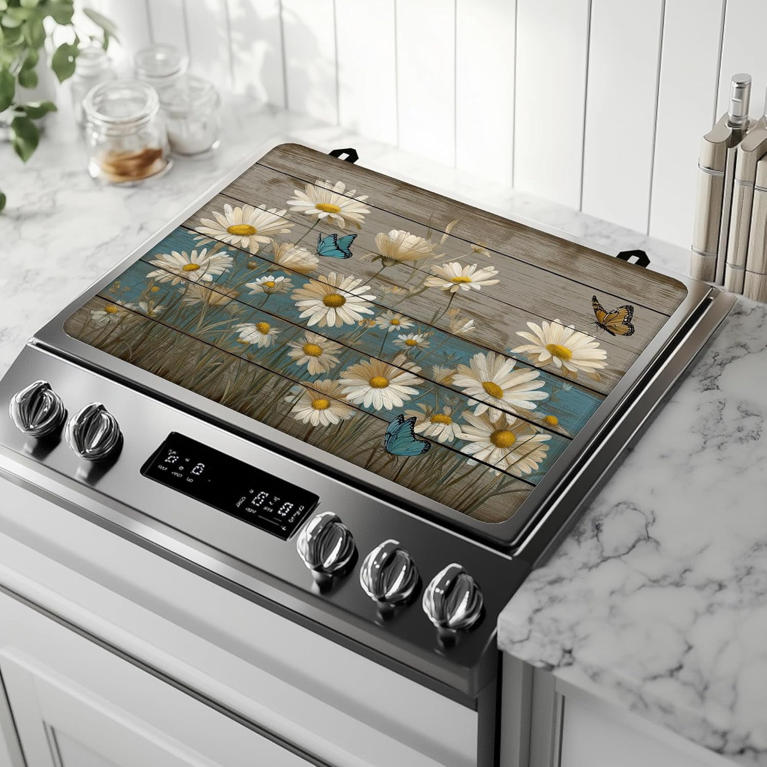 Vintage Daisy Butterfly Electric Stove Top Cover Protector,Rustic Wooden Heat Resistant Glass Top Stove Oven Induction Cooktop Mat with Rubber for Kitchen Top Covers 28.5“ x 20.5“