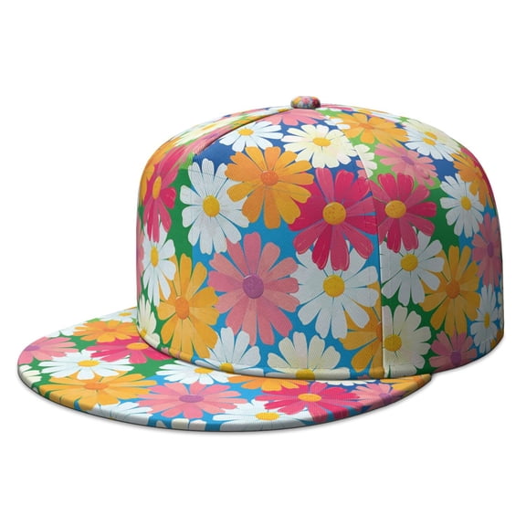 Vintage Daisy Flat Brim Cap - Boho Floral Adjustable Snapback Hat - Retro Aesthetic Streetwear for Urban Fashion