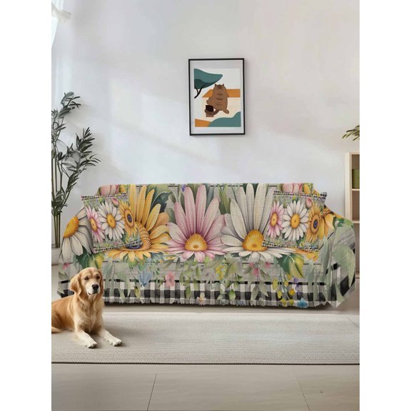 Vintage Daisy Floral Couch Cover,Spring Flowers Botanical Leaves Check Wooden Oversized Sofa Cover Blanket for 3 Cushion Couch,Sectional Sofa Slipcover Protector for Living Room Bedroom 71''x150''