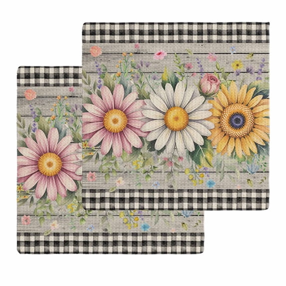 Vintage Daisy Floral Kitchen Dish Towels for Drying Dishes Set of 2, Spring Flowers Botanical Leaves Checkered Wooden Waffle Weave Microfiber Hand Tea Bathroom Towels Quick Dry Absorbent Towel 12x12