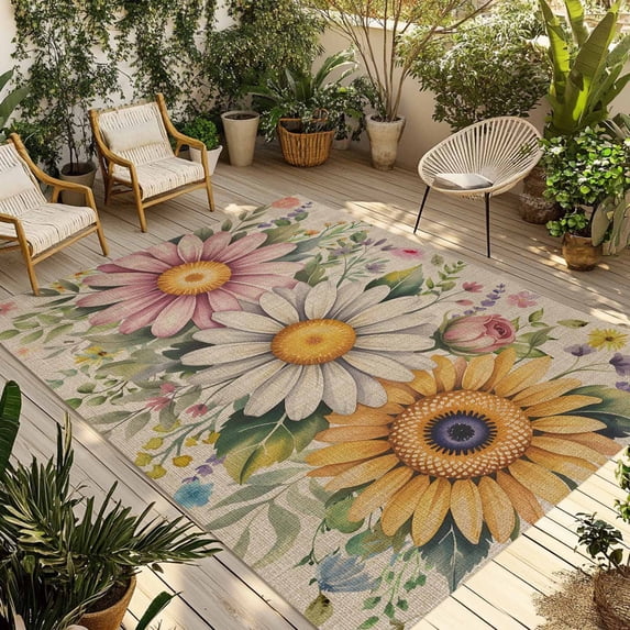 Vintage Daisy Floral Outdoor Rug for Patio/Deck/Porch, Non-Slip Large Area Rug 5 x 8 Ft, Spring Flowers Botanical Leaves Rustic Indoor Outdoor Rugs Washable Area Rugs, Camping Rug Carpet Runner