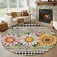thumbnail image 1 of Vintage Daisy Floral Round Area Rug 6Ft Washable Circle Rugs for Bathroom Office, Spring Flowers Botanical Leaves Checkered Wooden Non-Slip Carpet Floor Mats Indoor Outdoor Carpet Runner Home Decor, 1 of 8