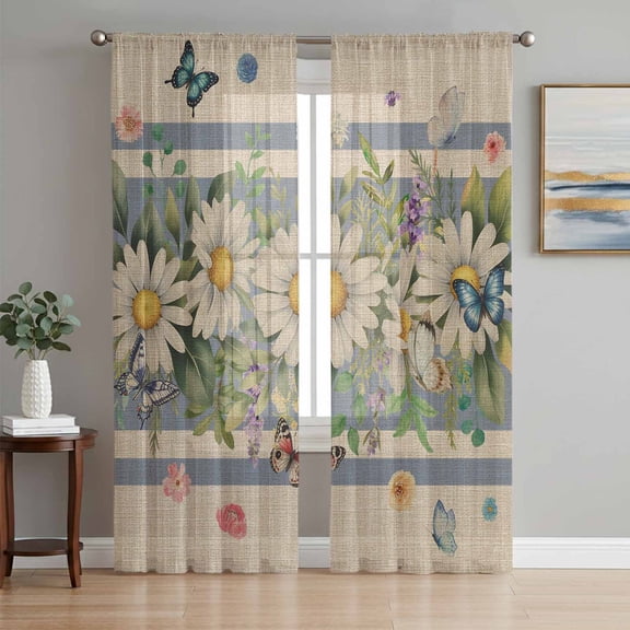 Vintage Daisy Floral Sheer Curtains 63 Inches Length 2 Panels Set, Window Sheer Curtains for Living Room/Bedroom, Spring Flowers Botanical Striped Beige Light Filtering Rod Pocket Curtain 52''x63''x2