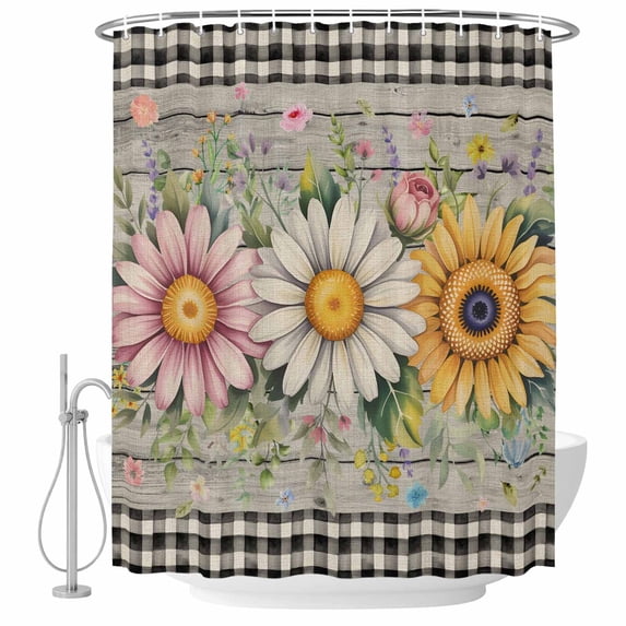 Vintage Daisy Floral Shower Curtain, Waterproof Shower Curtains for Bathroom, Spring Flowers Botanical Leaves Checkered Wooden Washable Bathtub Curtain Set Bath Decor with 12 Hooks Long 72"x84"