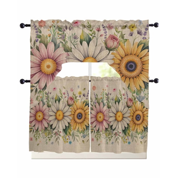 Vintage Daisy Floral Swag Kitchen Curtains Sets for Windows 24 Inch Length, Spring Flowers Botanical Leaves Rustic Short Window Curtain Swags Valances and Tiers 3 Piece Set for Cafe/Dining Room