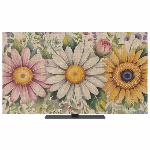 Vintage Daisy Floral TV Dust Cover,Stretchable TV Screen Desktop Computer Protector Cover,Spring Flowers Botanical Leaves Rustic Television Dustproof Slipcover for 19–24 Inch Flat or Curved TVs