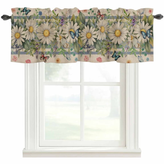 Vintage Daisy Floral Valances for Windows Farmhouse Kitchen Curtains Valances Rod Pocket Valance Curtains for Windows Spring Flowers Botanical Striped Beige Valances for Bathroom Bedroom 42"x12"