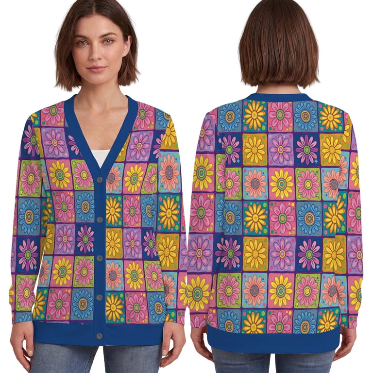 Vintage Daisy Flower Cardigan, Retro 70s Floral Knit Sweater, Boho