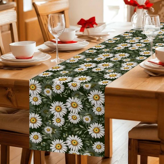 Vintage Daisy Flowers Table Runner 36 Inches Long,Kitchen Dining Tablerunners White Green Floral Linen Table Runners Dresser Scarves for Home Dinner Wedding Holiday Party Decor