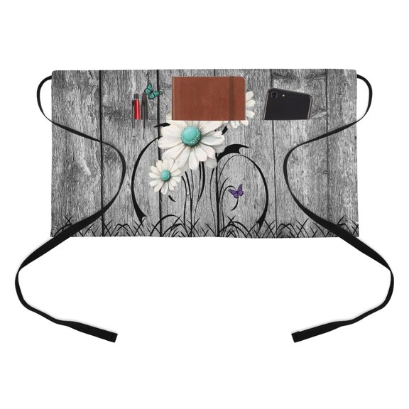 Vintage Daisy Half Waist Apron Blue Purple Flowers Lines Wood Grain Short Waiter Aprons with 3 Pockets for Women Men Kitchen Restaurant Cooking