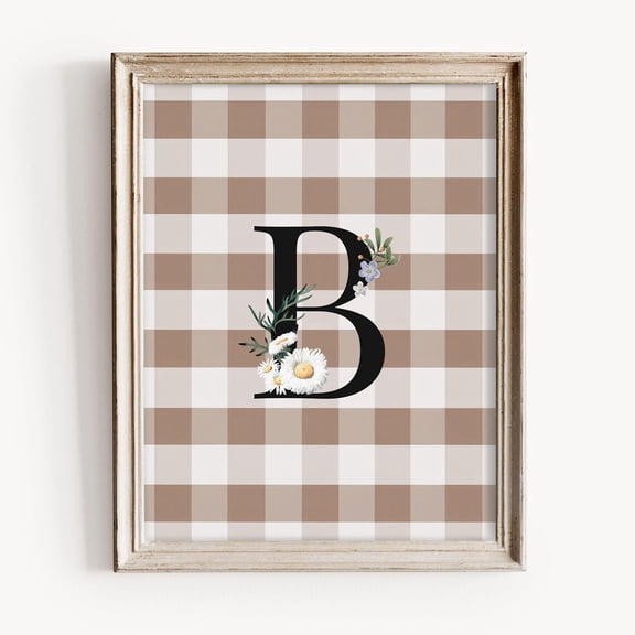 Vintage Daisy Initial Print, Beige Gingham B Letter Art, Rustic Farmhouse Decor, Neutral Monogram Nursery Print, Botanical Alphabet Home Decor #1750, Unframed Canvas Size 16x24