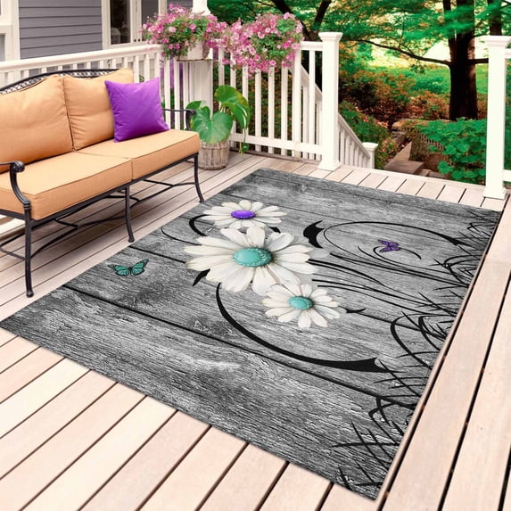 Vintage Daisy Outdoor Rug for Patio/Deck/Porch, Non-Slip Large Area Rug 5 x 8 Ft, Gray Farmhouse Botanical Floral Butterfly Indoor Outdoor Rugs Washable Area Rugs, Camping Rug Carpet Runner
