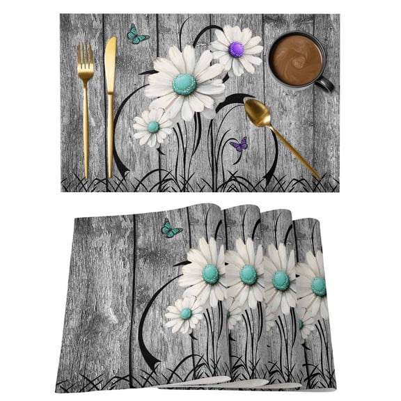 Vintage Daisy Placemats Set of 4 Blue Purple Flowers Lines Wood Grain Heat Insulation Washable Place Mats, Rustic Non-Slip Table Mats for Dining Table Party Kitchen Decor,13x19 Inch