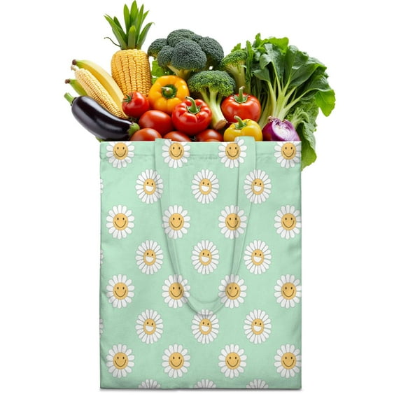 Vintage Daisy Print Reusable Grocery Tote Bag – Large Canvas Shopping Bag with Boho Floral Watercolor Design, Eco-Friendly & Heavy-Duty Market Tote for Women, Farmers Market, Beach, Spring & Summer
