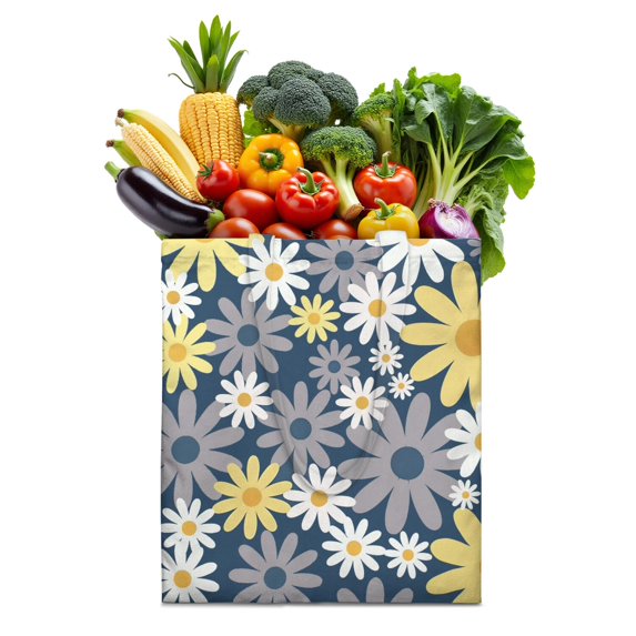 Vintage Daisy Print Reusable Grocery Tote Bag – Large Canvas Shopping Bag with Boho Floral Watercolor Design, Eco-Friendly & Heavy-Duty Market Tote for Women, Farmers Market, Beach, Spring & Summer