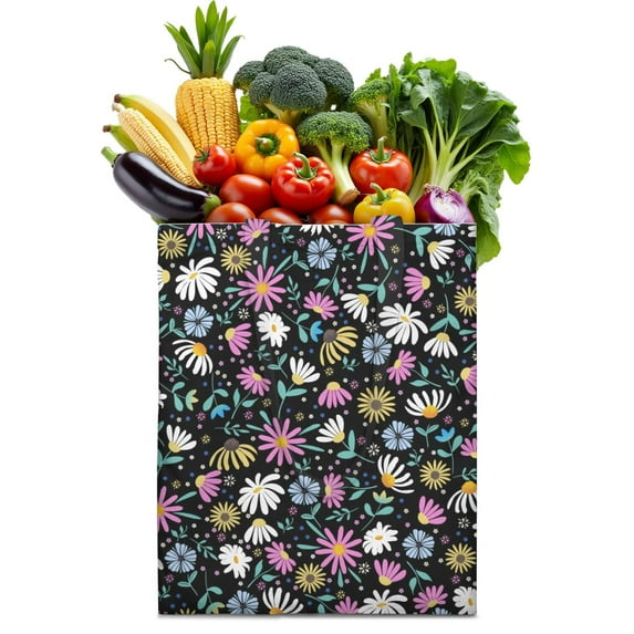 Vintage Daisy Print Reusable Grocery Tote Bag – Large Canvas Shopping Bag with Boho Floral Watercolor Design, Eco-Friendly & Heavy-Duty Market Tote for Women, Farmers Market, Beach, Spring & Summer