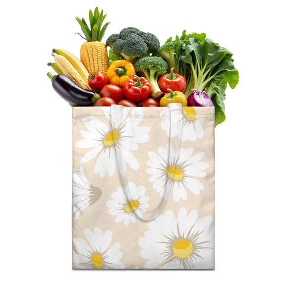 Vintage Daisy Print Reusable Grocery Tote Bag – Large Canvas Shopping Bag with Boho Floral Watercolor Design, Eco-Friendly & Heavy-Duty Market Tote for Women, Farmers Market, Beach, Spring & Summer