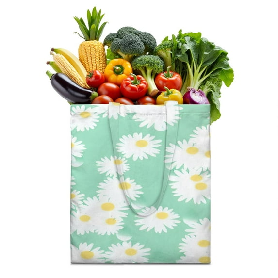 Vintage Daisy Print Reusable Grocery Tote Bag – Large Canvas Shopping Bag with Boho Floral Watercolor Design, Eco-Friendly & Heavy-Duty Market Tote for Women, Farmers Market, Beach, Spring & Summer