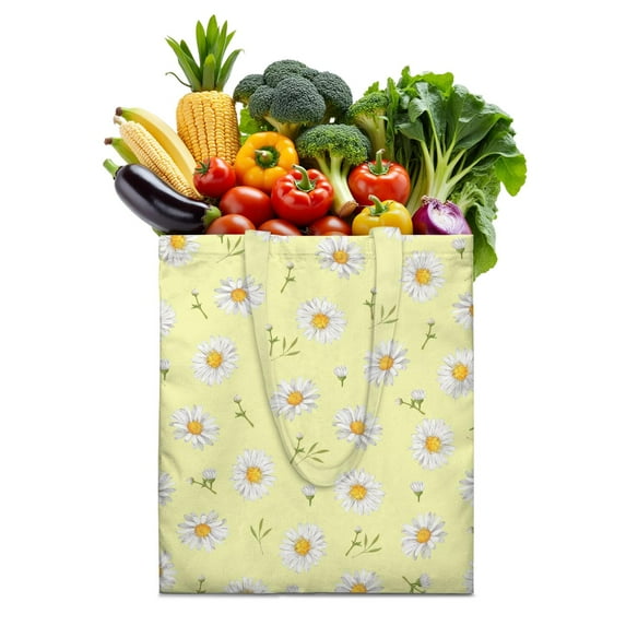Vintage Daisy Print Reusable Grocery Tote Bag – Large Canvas Shopping Bag with Boho Floral Watercolor Design, Eco-Friendly & Heavy-Duty Market Tote for Women, Farmers Market, Beach, Spring & Summer