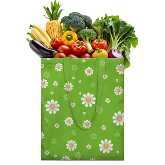 Vintage Daisy Print Reusable Grocery Tote Bag – Large Canvas Shopping Bag with Boho Floral Watercolor Design, Eco-Friendly & Heavy-Duty Market Tote for Women, Farmers Market, Beach, Spring & Summer