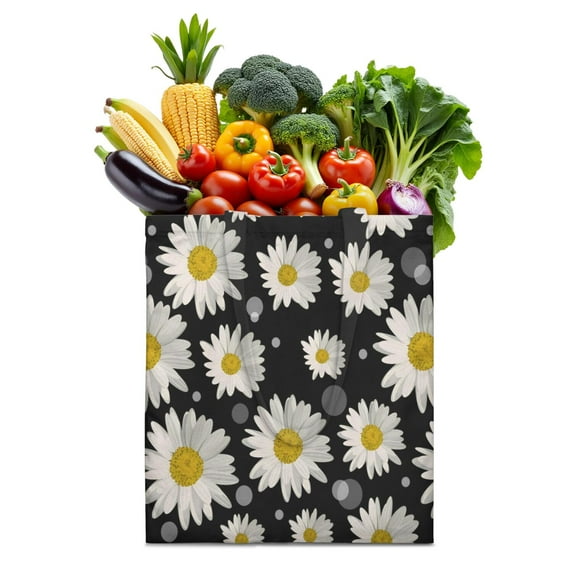 Vintage Daisy Print Reusable Grocery Tote Bag – Large Canvas Shopping Bag with Boho Floral Watercolor Design, Eco-Friendly & Heavy-Duty Market Tote for Women, Farmers Market, Beach, Spring & Summer