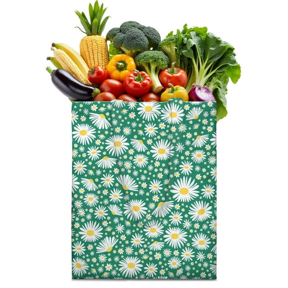 Vintage Daisy Print Reusable Grocery Tote Bag – Large Canvas Shopping Bag with Boho Floral Watercolor Design, Eco-Friendly & Heavy-Duty Market Tote for Women, Farmers Market, Beach, Spring & Summer