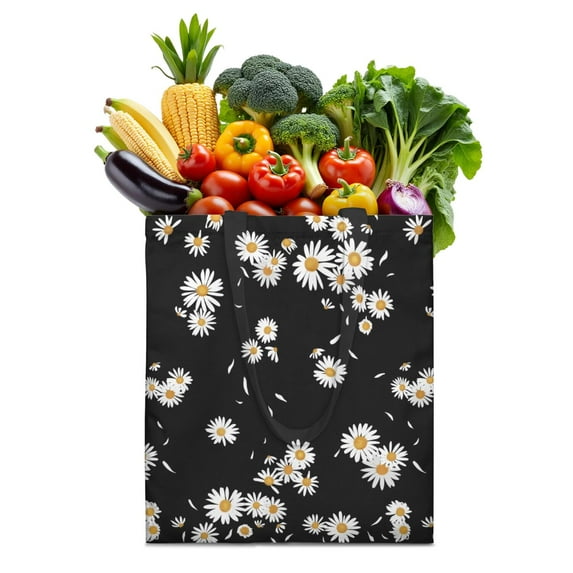 Vintage Daisy Print Reusable Grocery Tote Bag – Large Canvas Shopping Bag with Boho Floral Watercolor Design, Eco-Friendly & Heavy-Duty Market Tote for Women, Farmers Market, Beach, Spring & Summer