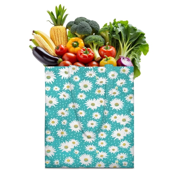 Vintage Daisy Print Reusable Grocery Tote Bag – Large Canvas Shopping Bag with Boho Floral Watercolor Design, Eco-Friendly & Heavy-Duty Market Tote for Women, Farmers Market, Beach, Spring & Summer