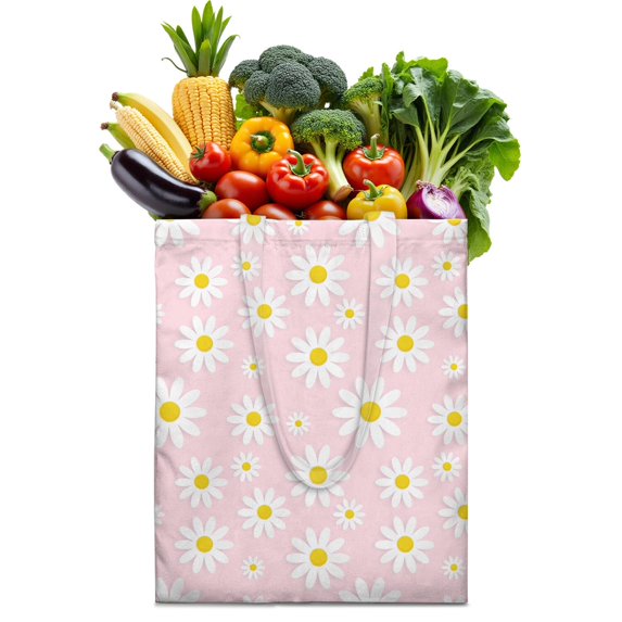 Vintage Daisy Print Reusable Grocery Tote Bag – Large Canvas Shopping Bag with Boho Floral Watercolor Design, Eco-Friendly & Heavy-Duty Market Tote for Women, Farmers Market, Beach, Spring & Summer