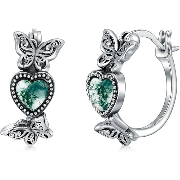 Vintage Daisy/Rose/Butterfly with Natural Moss Agate Hoop Earrings 925 Sterling Silver Retro Moss Agate Hoop Earrings for Women Gifts