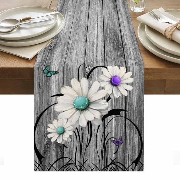 Vintage Daisy Table Runner - 60 Inch Long, Kitchen Dining Table Runner Dresser Scarves, Gray Farmhouse Botanical Floral Butterfly Farmhouse Decor for Coffee Tables Wedding Party Banquet