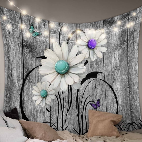 Vintage Daisy Tapestry for Bedroom Wall Hanging Tapestry, Gray Farmhouse Botanical Floral Butterfly Ceiling Backdrop Tapestries Poster Blanket Wall Decor for Teens Room Living Room Dorm 59" x 79"