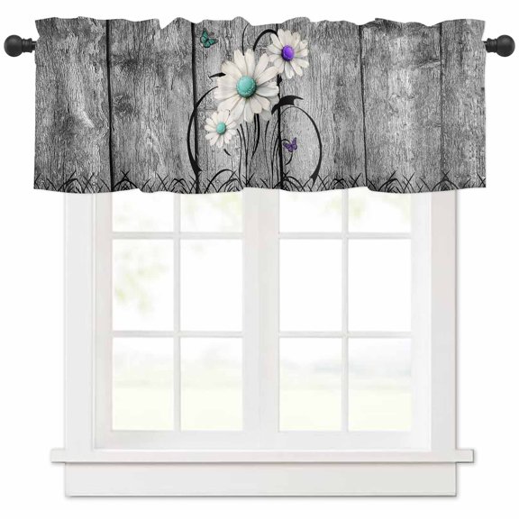 Vintage Daisy Valances for Windows Farmhouse Kitchen Curtains Valances Rod Pocket Valance Curtains for Kitchen Windows Gray Farmhouse Botanical Floral Butterfly Window Valances for Bathroom 42"x18"