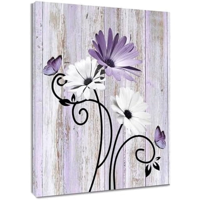 Abstract Clock Automotive Vintage Daisy Wall Art Purple Flower and Butterfly on Rustic Wooden ...