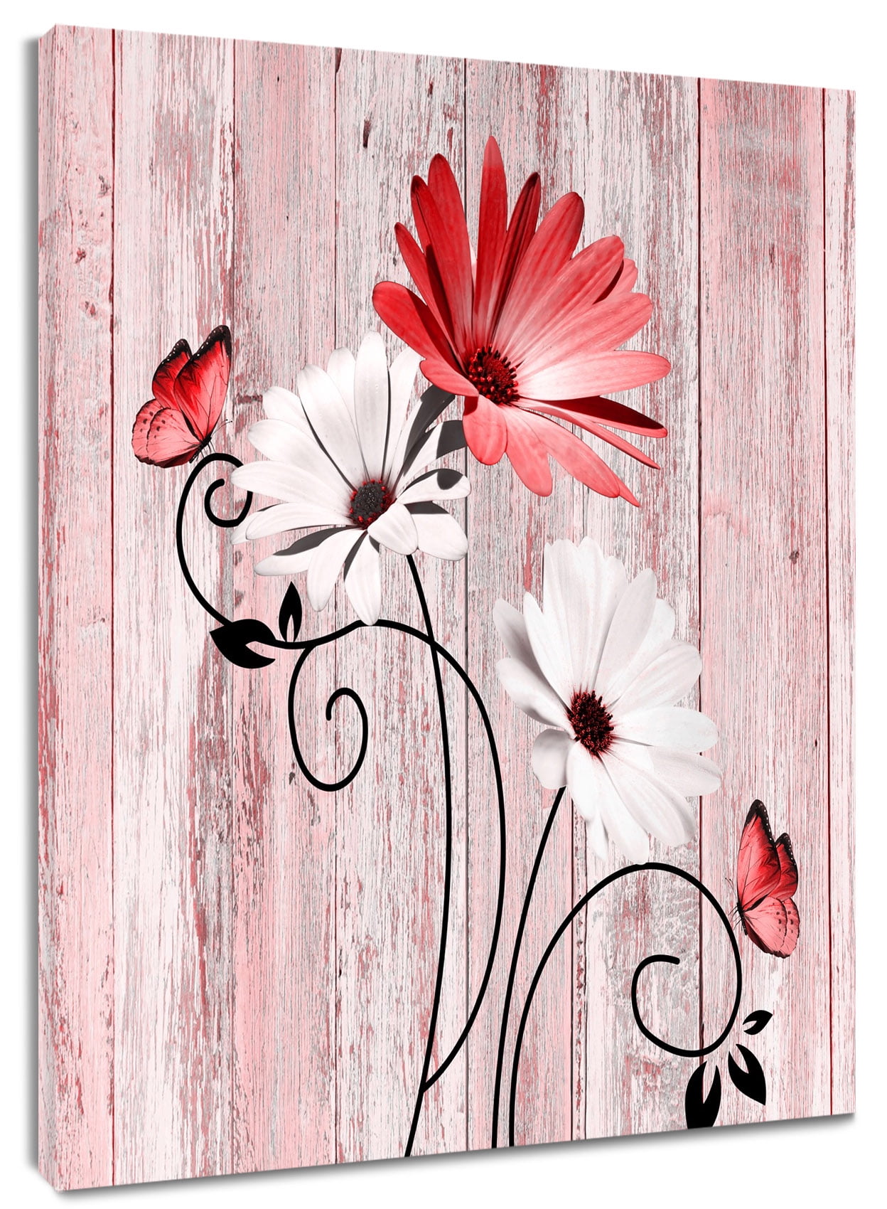 Vintage Daisy Wall Art Red And White Floral with Butterfly Black Leaf ...
