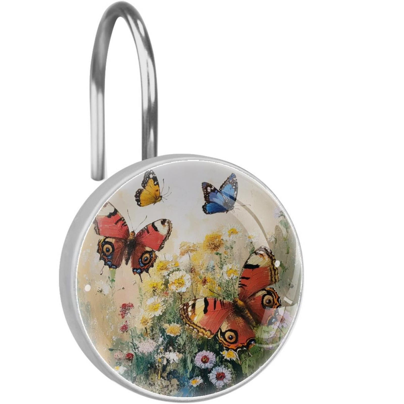 Vintage Daisy Wildflowers Butterfly Shower Curtain Hooks Round Crystal Glass, Set of 12 Shower Curtain Rings - Shower Hooks for Curtain Shower Rings