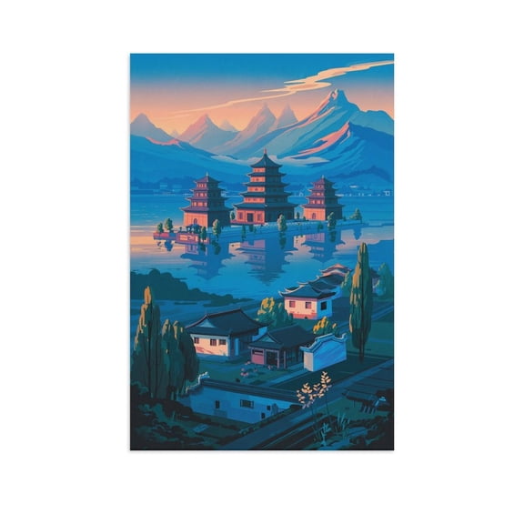 Vintage Dali Cityscape Retro Chinese Tourism with Mountains & Lakes Canvas Poster