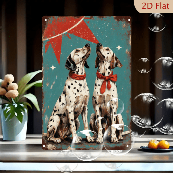 Vintage Dalmatian Dogs Retro Art Print 8x12 Inches - Two Spotted Pups with Red Bandana & Bow Tie Gazing at Starburst, Weathered Teal Background Wall Decor for Home, Farmhouse, or Garage