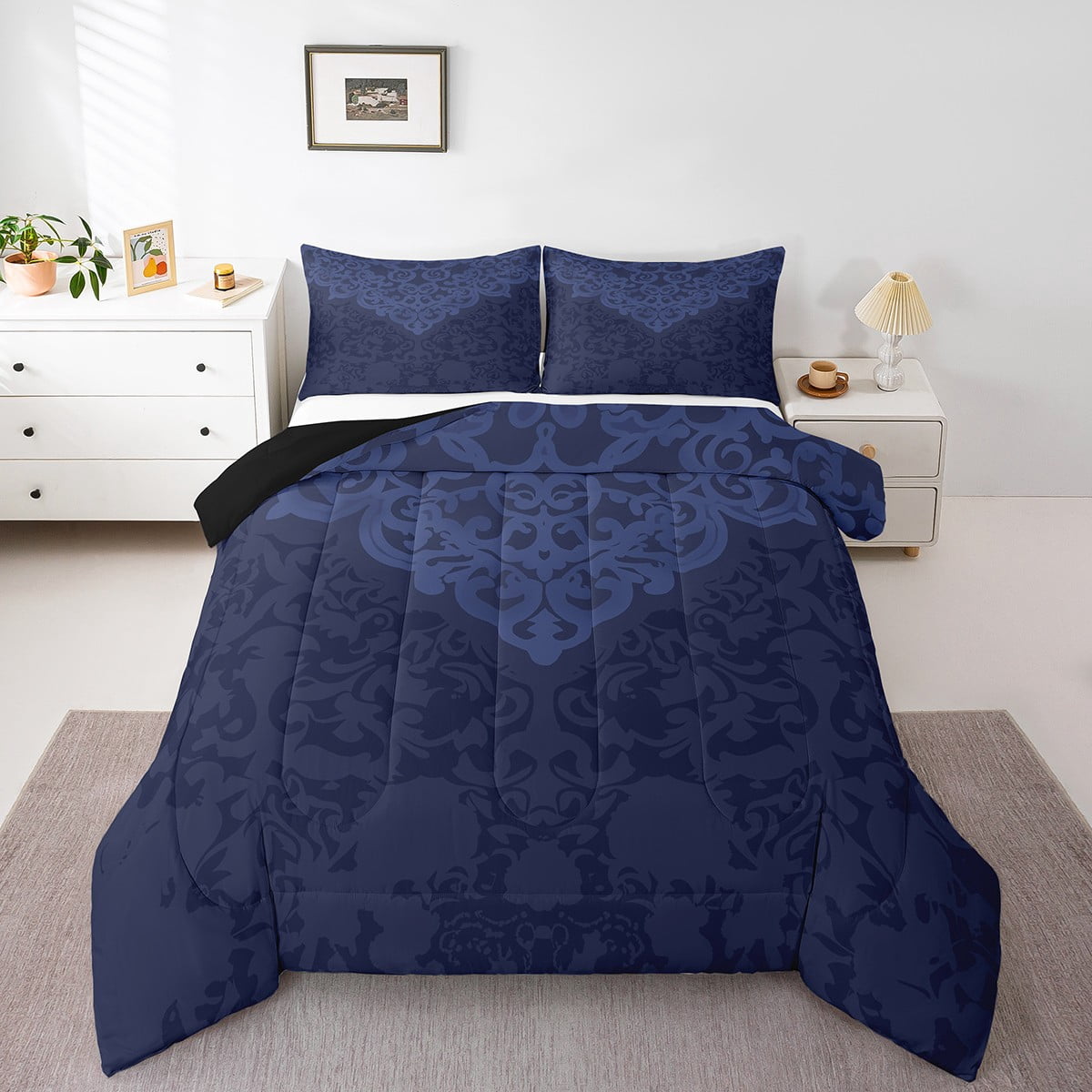Vintage Damask Comforter Set Gothic Queen Bedding Sets,Victorian Quilt Blue Baroque Flowers Goth ...