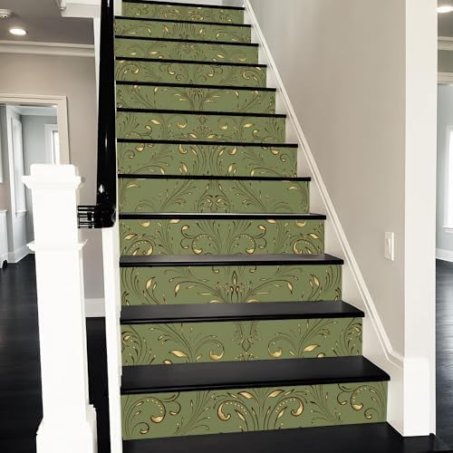 Vintage Damask Olive Flower Peel and Stick Vinyl Stair Riser Decals Staircase Tile Stair Stickers Abstract Art Modern Decoration Self-Adhesive Home Decor Stair Decals (14 Pcs)$$Tools