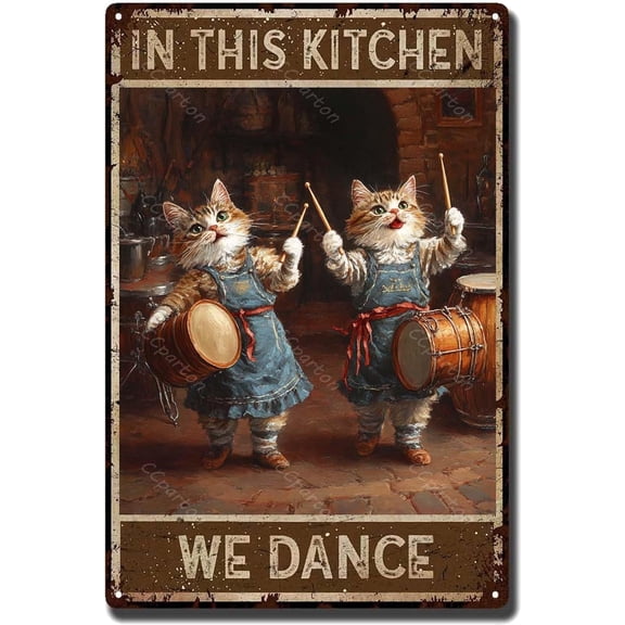 Vintage Dancing Cats Metal Tin Sign Kitchen Decor Aluminum Wall Art with Funny Cat Illustration for Home Bar Cafe Office Retro Theme 8x12 Inch