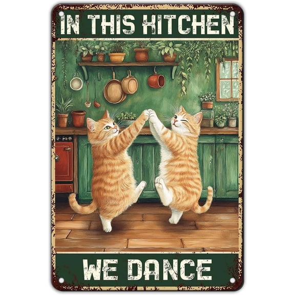 Vintage Dancing Cats Metal Tin Sign for Kitchen Decor Funny Orange Tabby Cats Artwork Aluminum Wall Plaque Rustic Home Bar Cafe Office Decoration 8x12 Inch